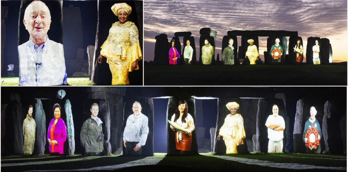 stonehenge illuminated in dedication to welsh unsung champions of heritage lee turner from the penllergare trust and uzo iwobi obe founder of race council cymru black history wales