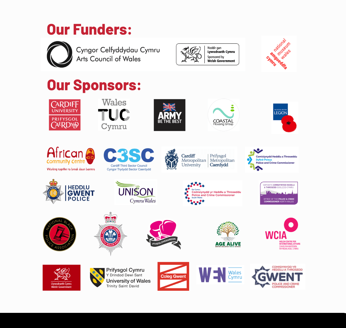 Black History Wales funders and sponsors, including Arts Council of Wales and Welsh Government. View our supporters for more information.